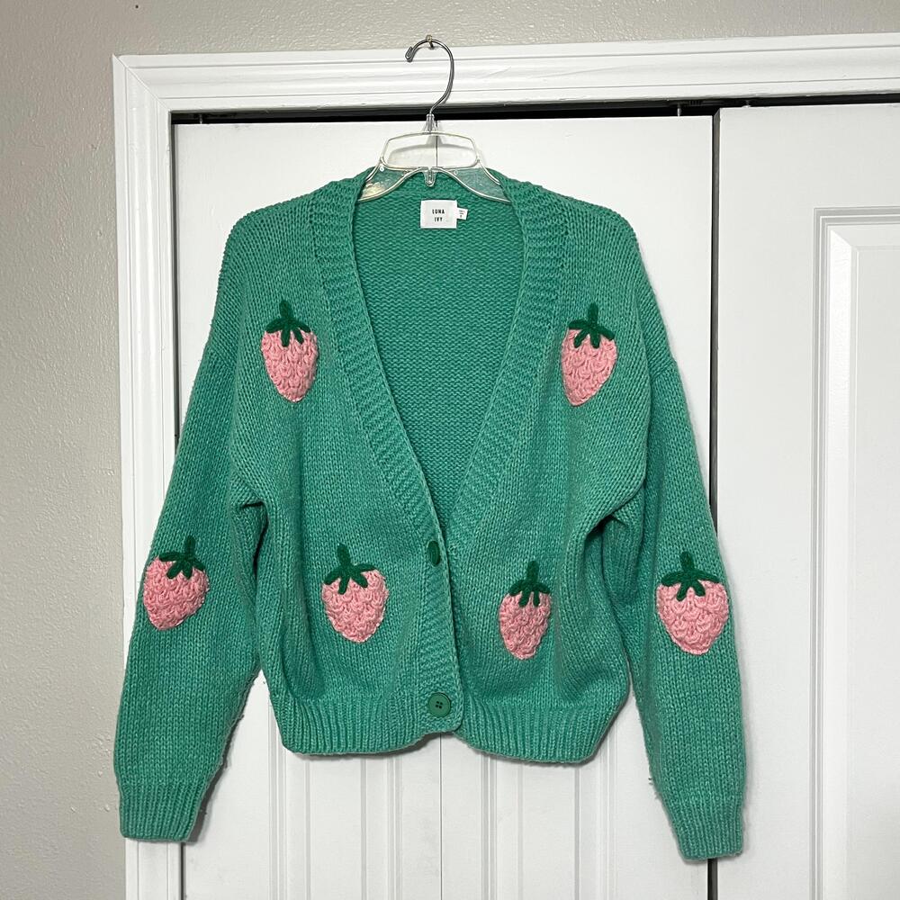 Luna Ivy Cardigan Strawberry Sweater Womens Small Green Chunky Knit V Neck
